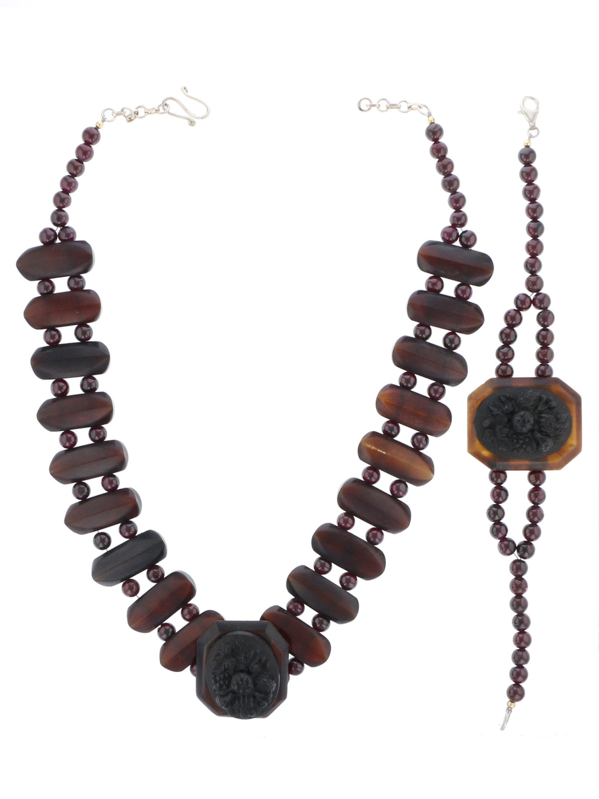 Antique Gutta Percha & Whitby Jet Cameo, French Jet Beads Necklace - David's Antiques & Jewelry