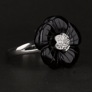 Sterling Silver Carved Onyx Flower Ring with Natural Diamonds | Online Sale $50 - David's Antiques & Jewelry