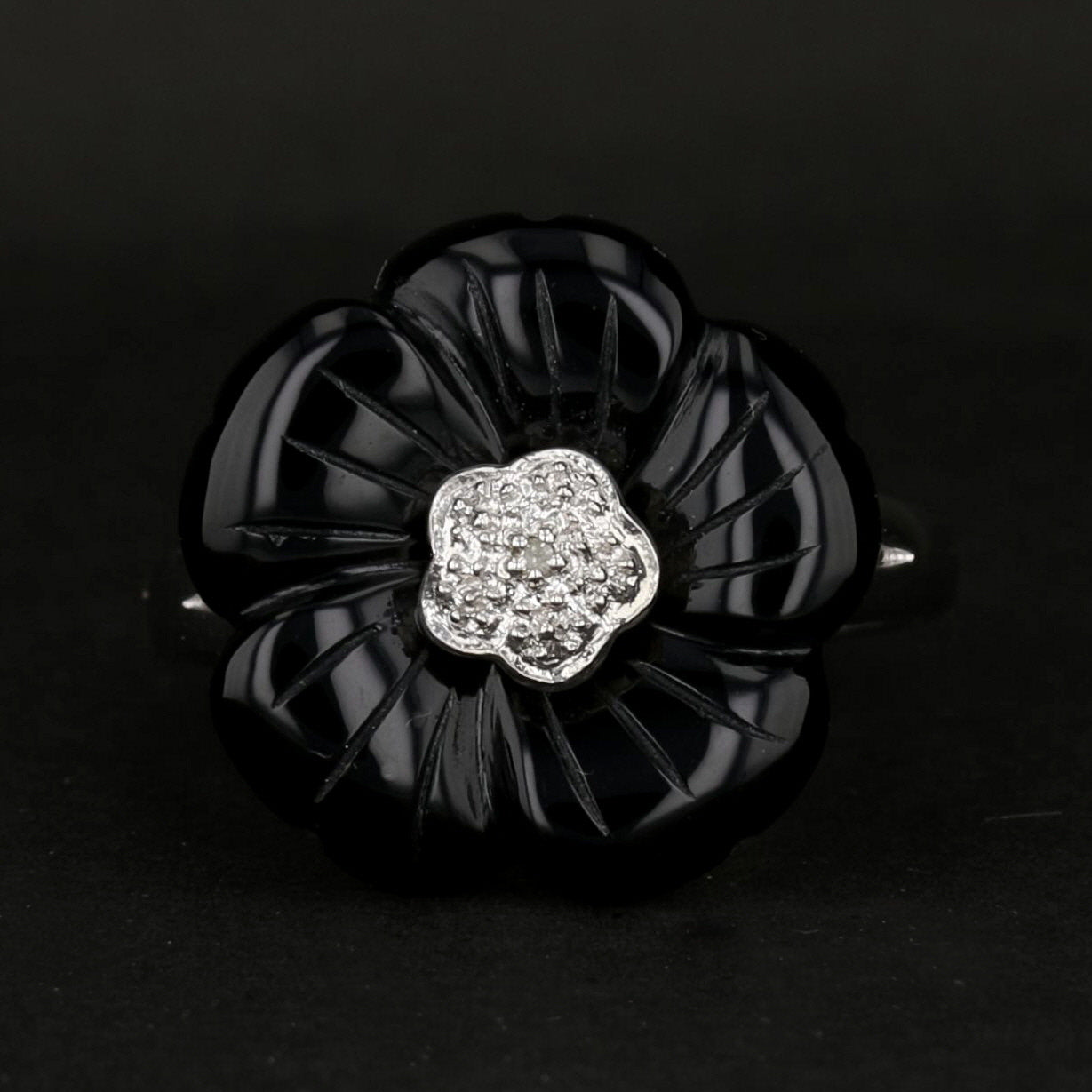 Sterling Silver Carved Onyx Flower Ring with Natural Diamonds | Online Sale $50 - David's Antiques & Jewelry