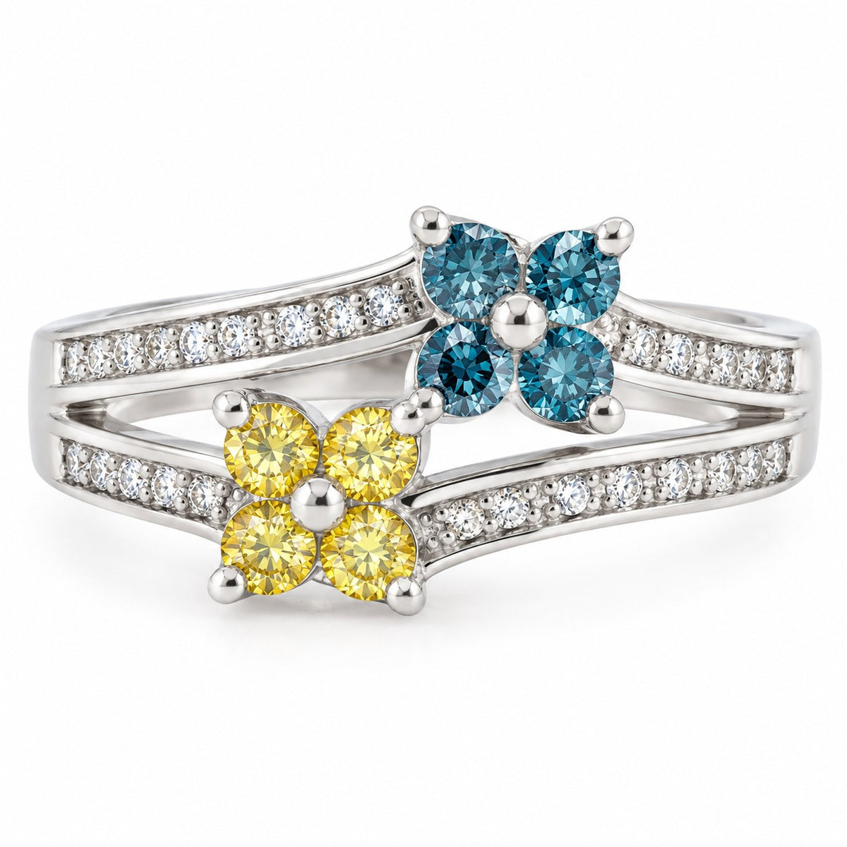 14K White Gold Blue & Yellow Diamond Double Flower Ring, Size 6 894320 — main view
