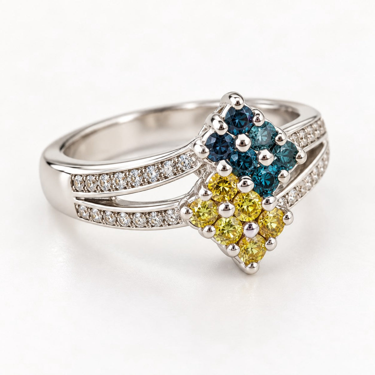 14K White Gold Blue & Yellow Diamond Cluster Bypass Ring, Size 7 894324 — main view