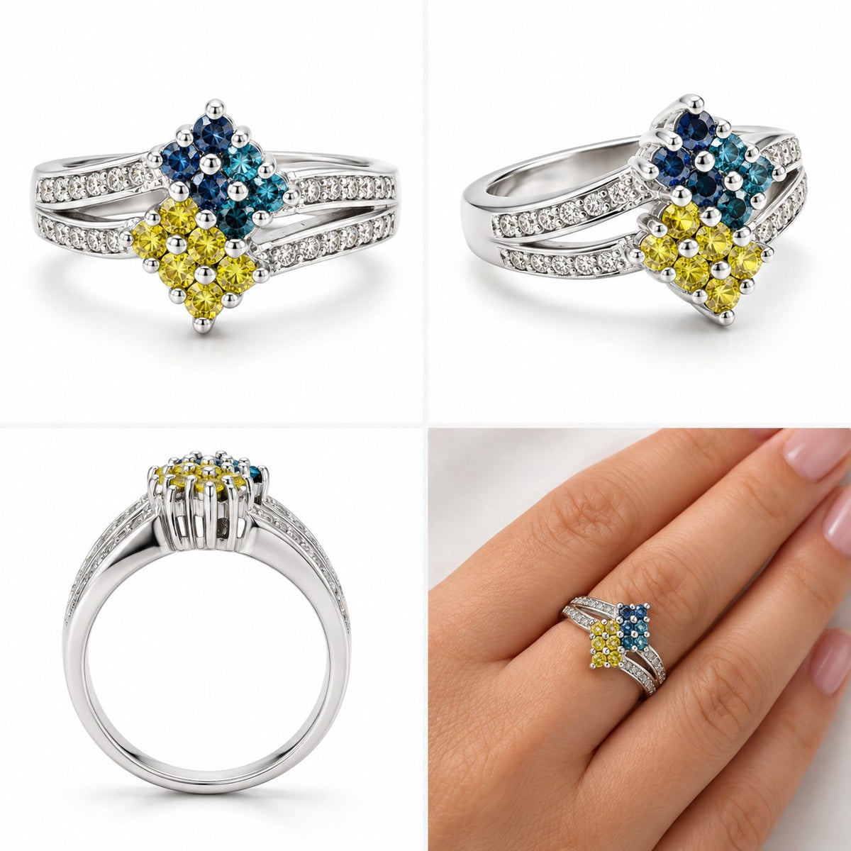14K White Gold Blue & Yellow Diamond Cluster Bypass Ring, Size 7 894324 — second view