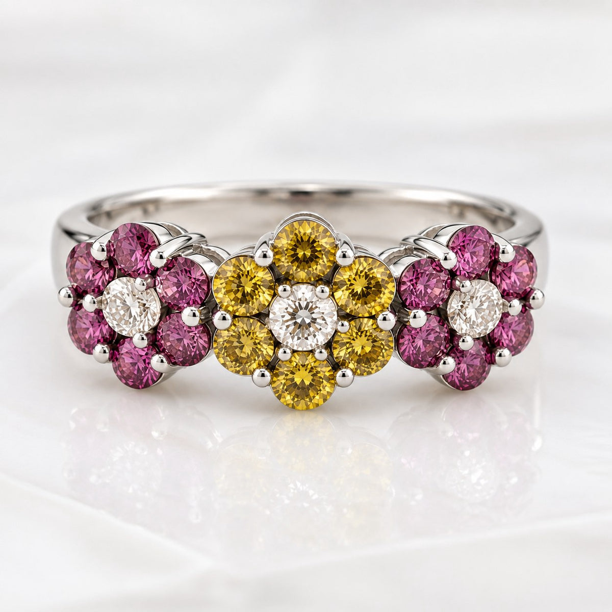 14K White Gold Pink & Yellow Diamond Three-Flower Ring, Size 7 894326 — main view