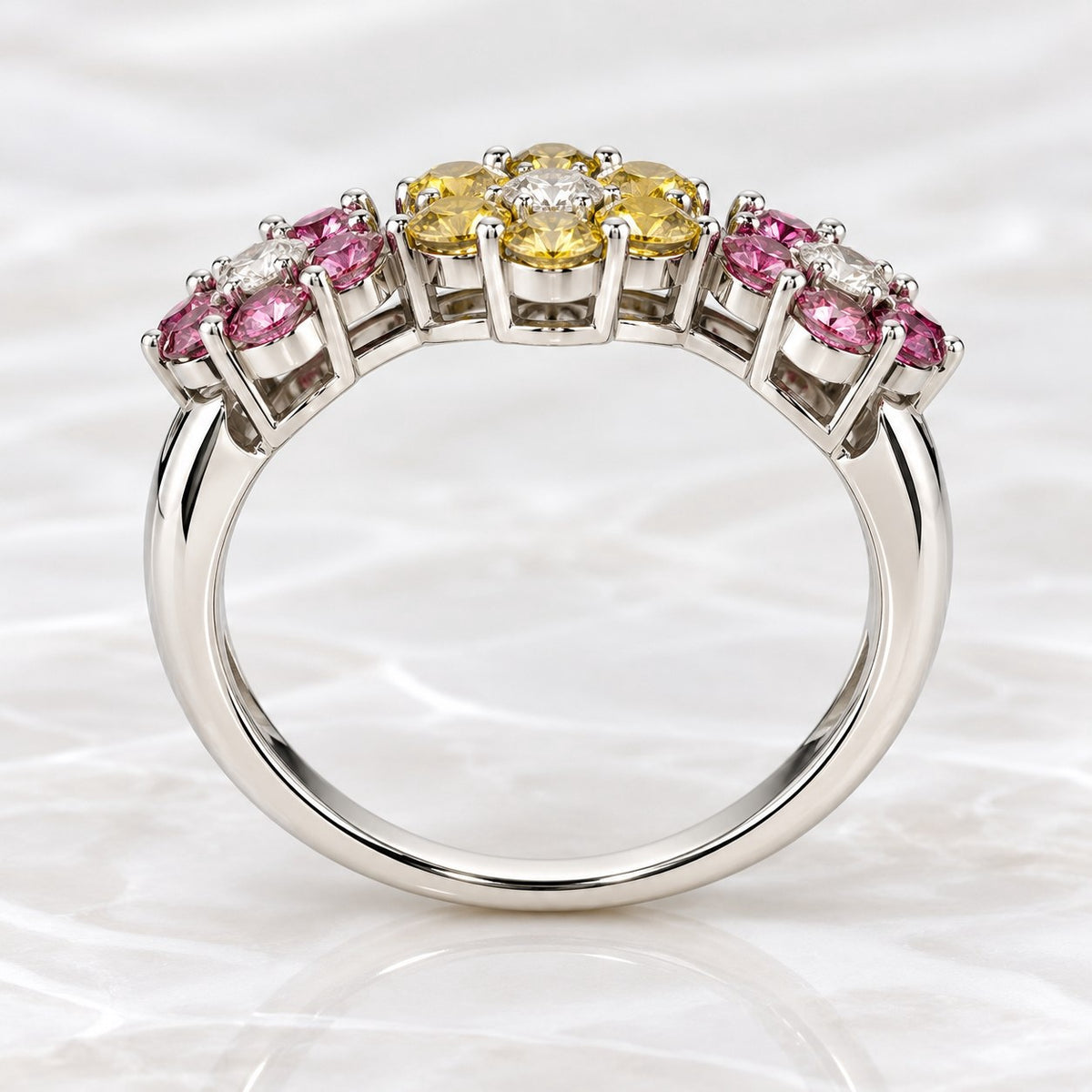 14K White Gold Pink & Yellow Diamond Three-Flower Ring, Size 7 894326 — third view