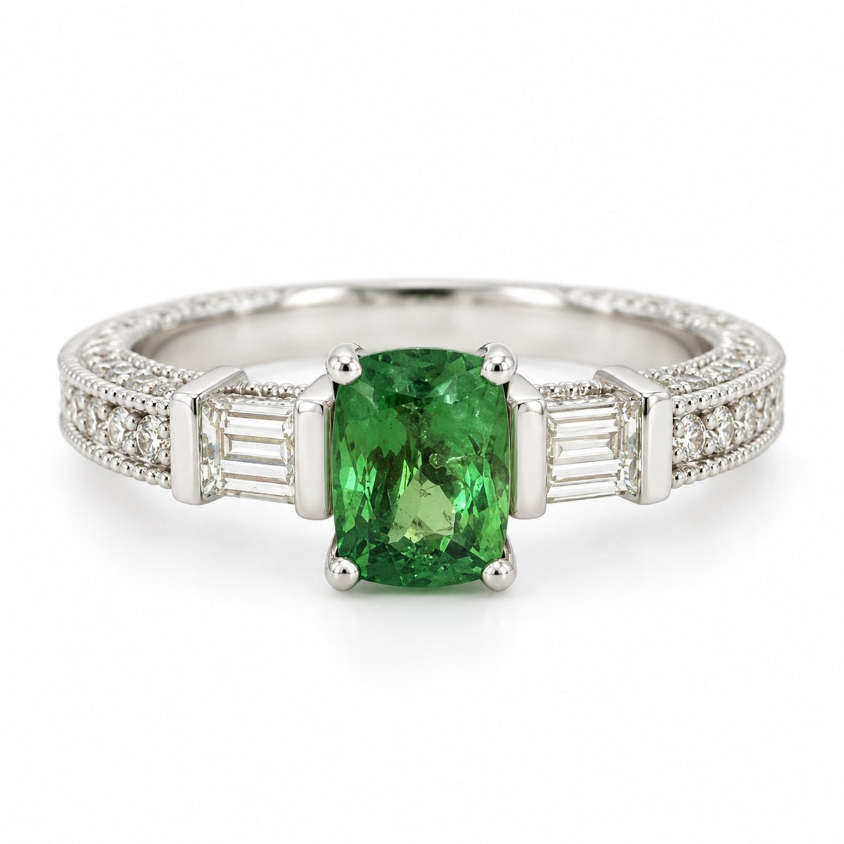 14K White Gold Tsavorite & Diamond Ring with Baguettes 894755 — main view