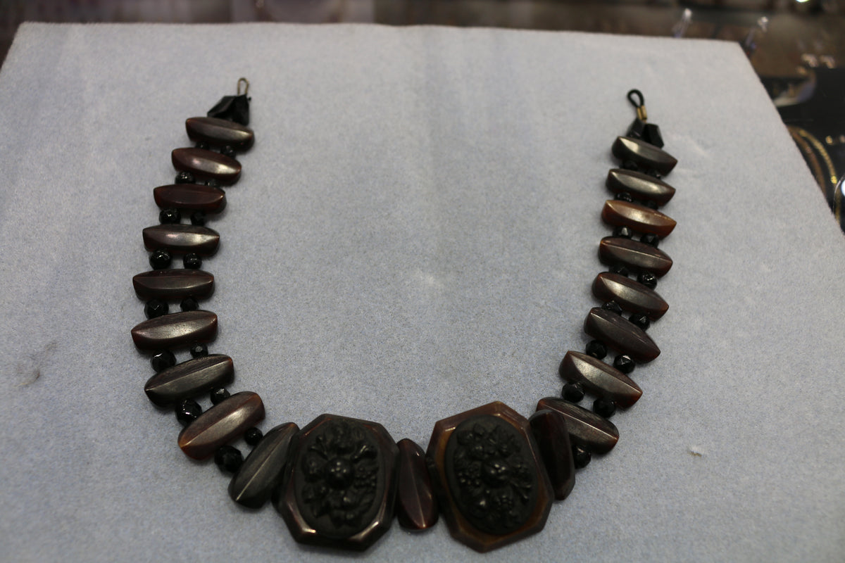 Antique Gutta Percha & Whitby Jet Cameo, French Jet Beads Necklace - David's Antiques & Jewelry