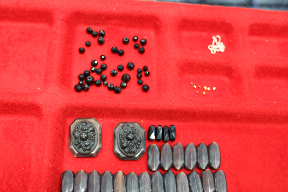 Antique Gutta Percha & Whitby Jet Cameo, French Jet Beads Necklace - David's Antiques & Jewelry