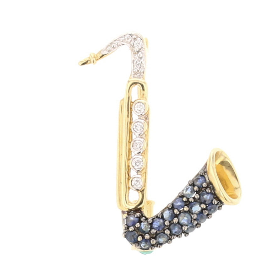 Vintage Sapphire and Diamond Saxophone Brooch in Yellow Gold - David's Antiques & Jewelry