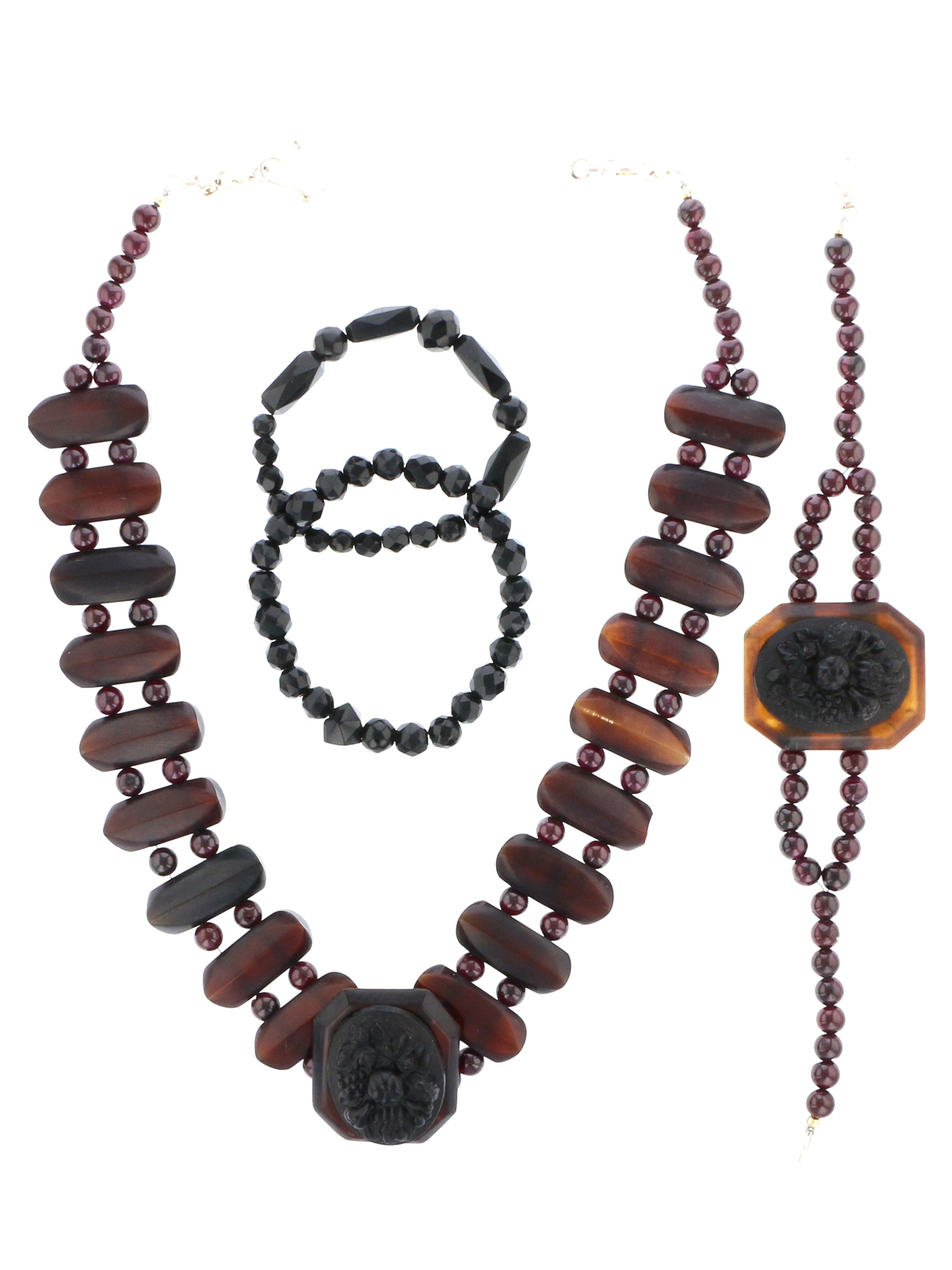 Antique Gutta Percha & Whitby Jet Cameo, French Jet Beads Necklace - David's Antiques & Jewelry