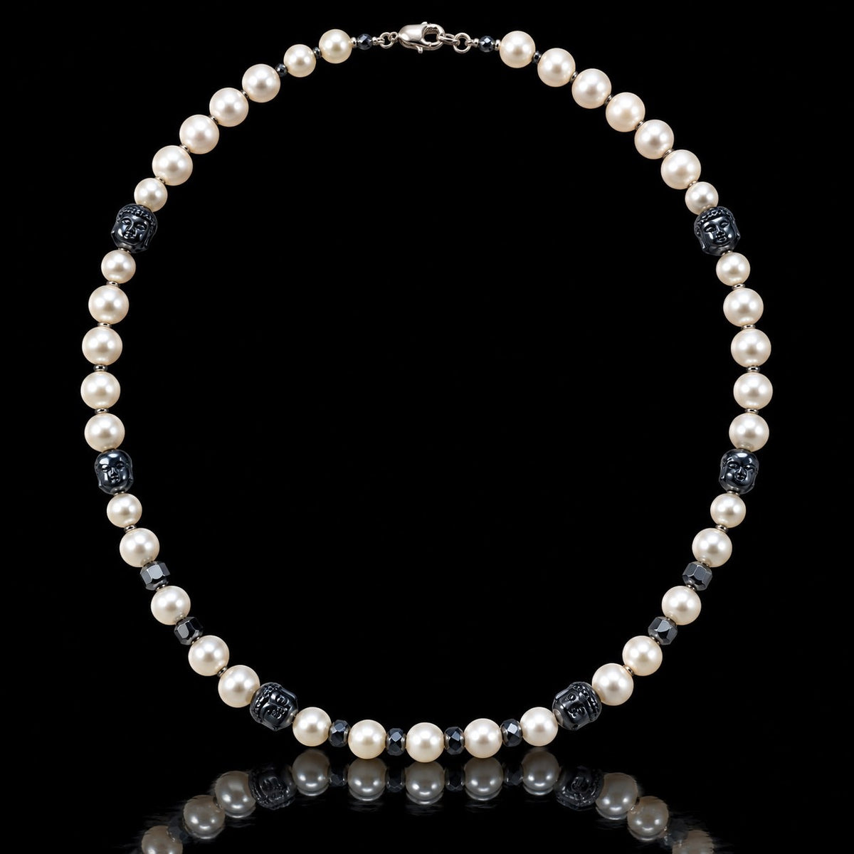 Freshwater Pearl & Carved Hematite Necklace, Hand-Knotted on Silk 892748 — main view