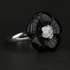 Sterling Silver Carved Onyx Flower Ring with Natural Diamonds | Online Sale $50 - David's Antiques & Jewelry