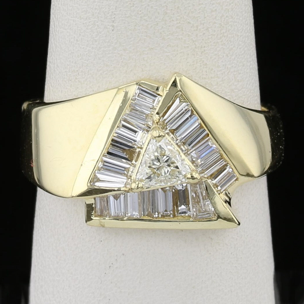 Trillion Diamond Ring 14K Yellow Gold Baguette Diamond Halo Geometric Design Size 6.5 - David's Antiques & Jewelry