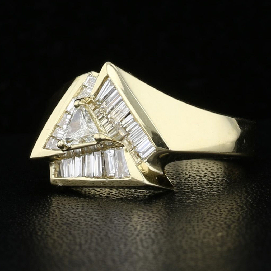 Trillion Diamond Ring 14K Yellow Gold Baguette Diamond Halo Geometric Design Size 6.5 - David's Antiques & Jewelry