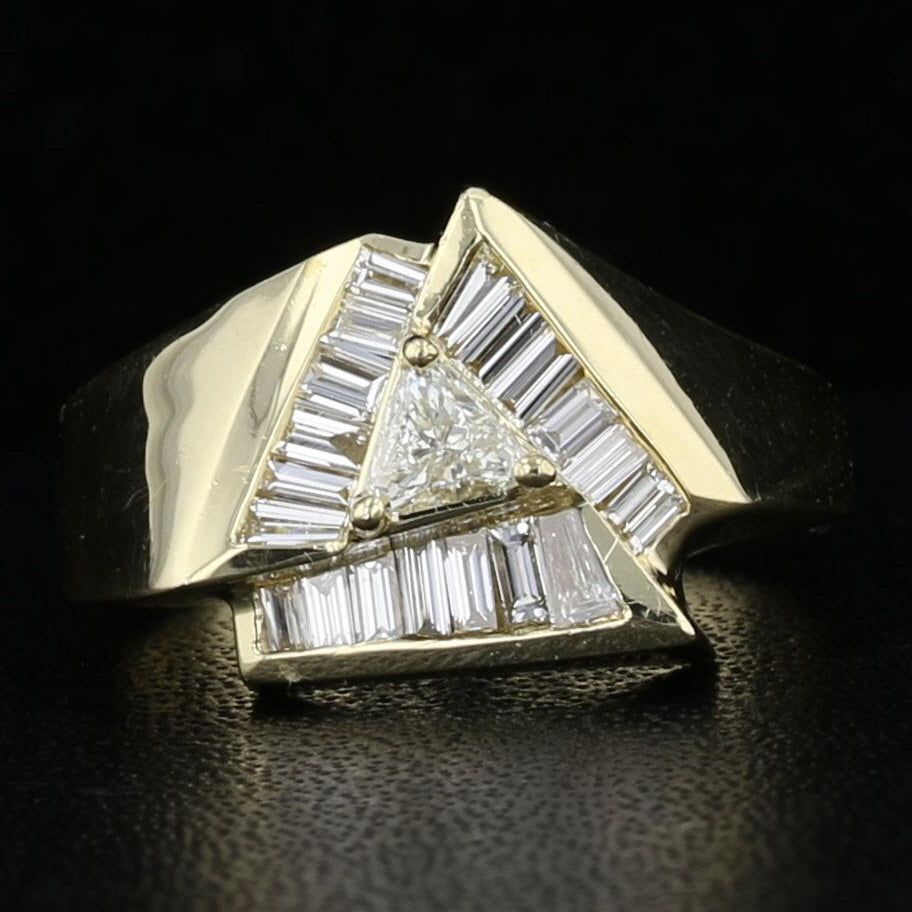 Trillion Diamond Ring 14K Yellow Gold Baguette Diamond Halo Geometric Design Size 6.5 - David's Antiques & Jewelry