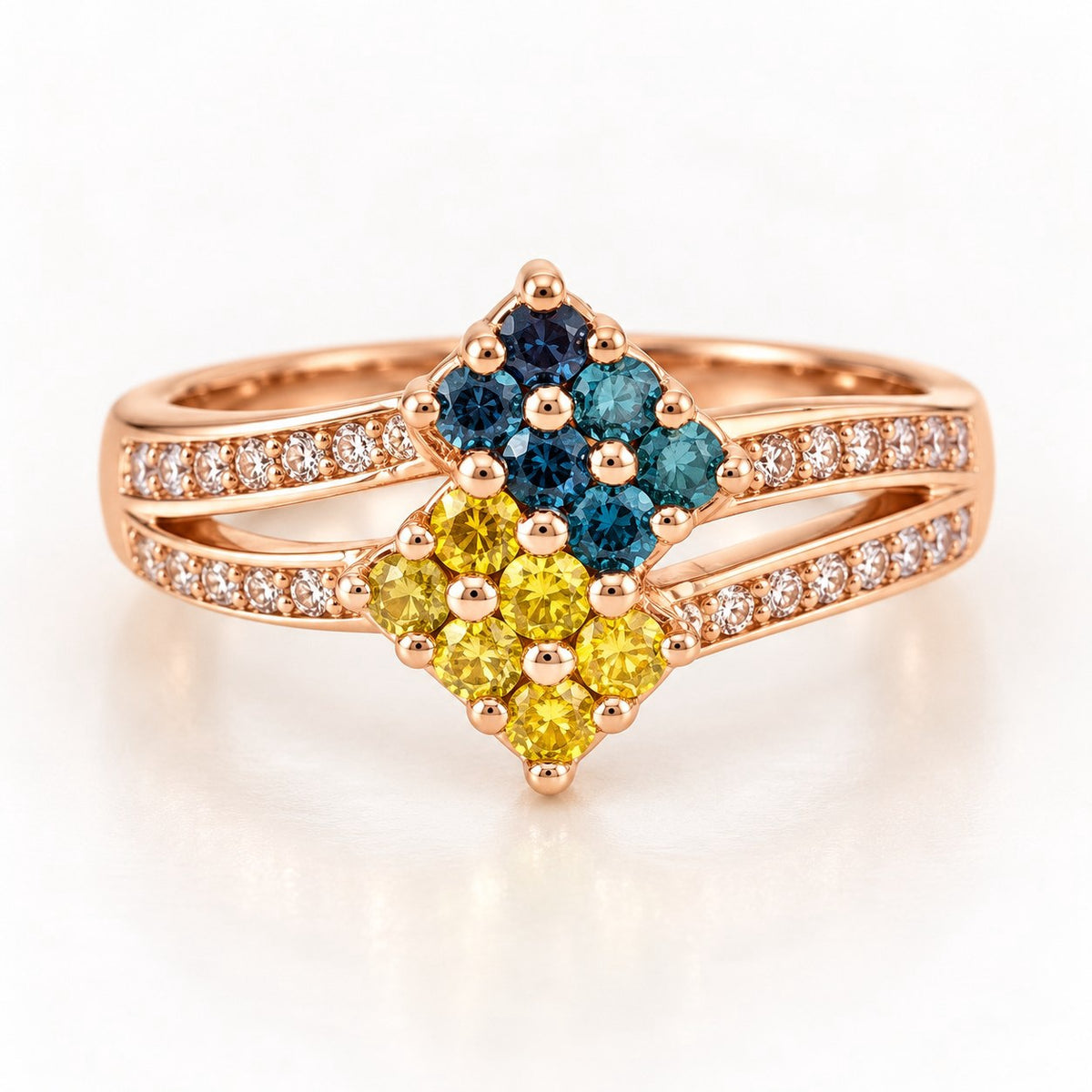 14K Rose Gold Blue & Yellow Diamond Cluster Ring, Size 7 894296 — main view