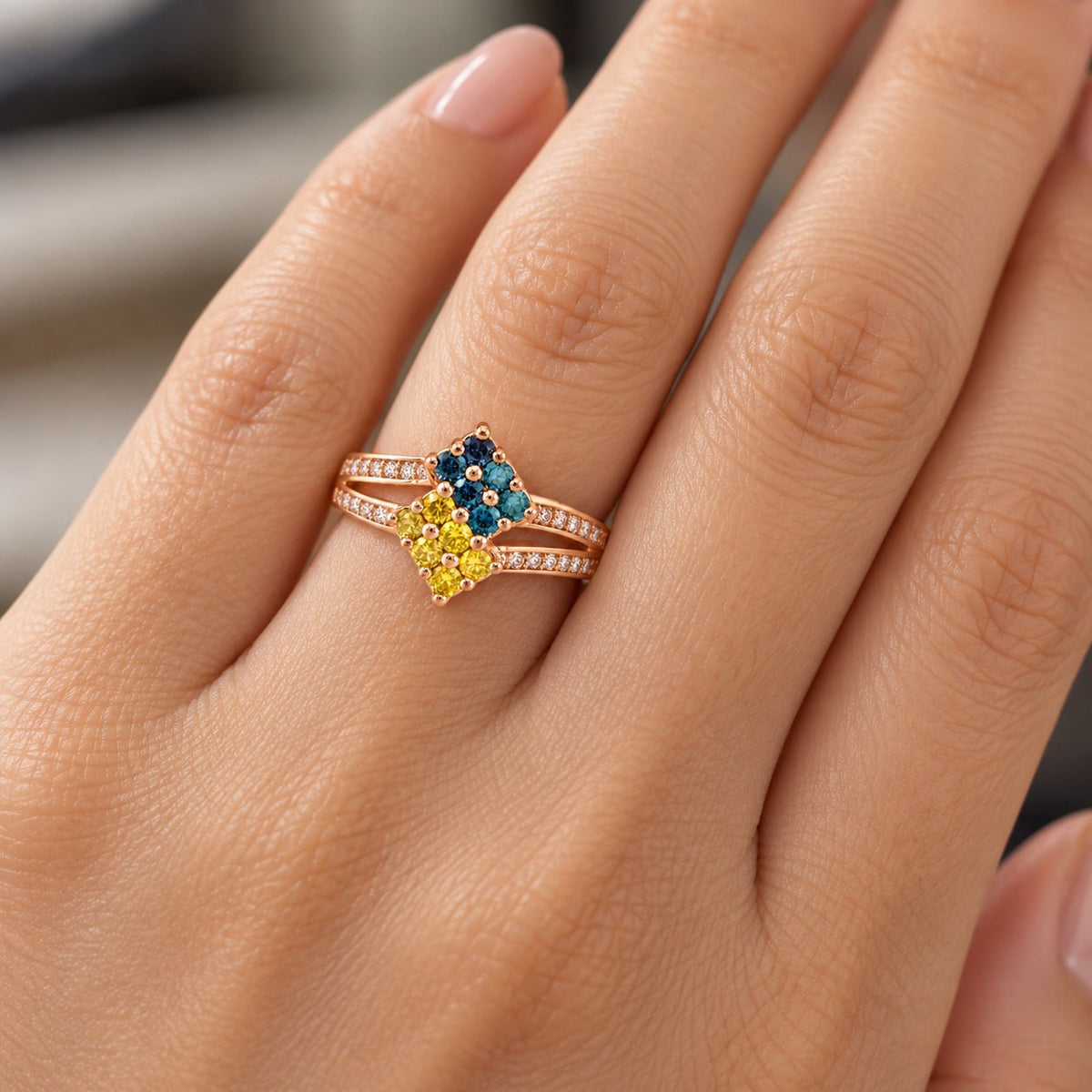 14K Rose Gold Blue & Yellow Diamond Cluster Ring, Size 7 894296 — fourth view