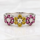 14K White Gold Pink & Yellow Diamond Three-Flower Ring, Size 7 894326 — main view