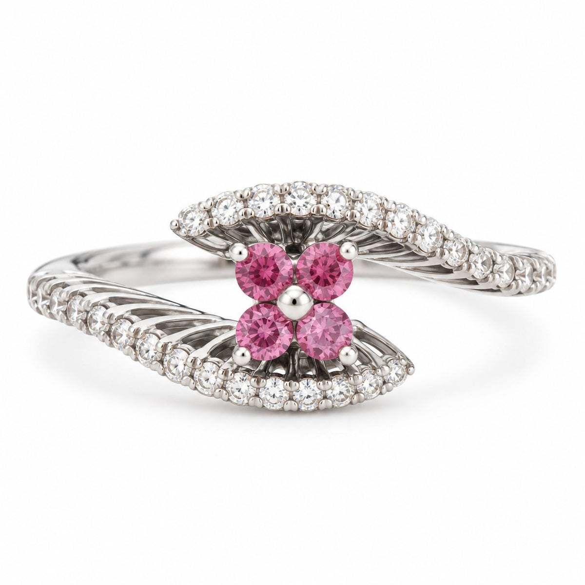 14K White Gold Pink Diamond Flower Swirl Ring 894641 — main view