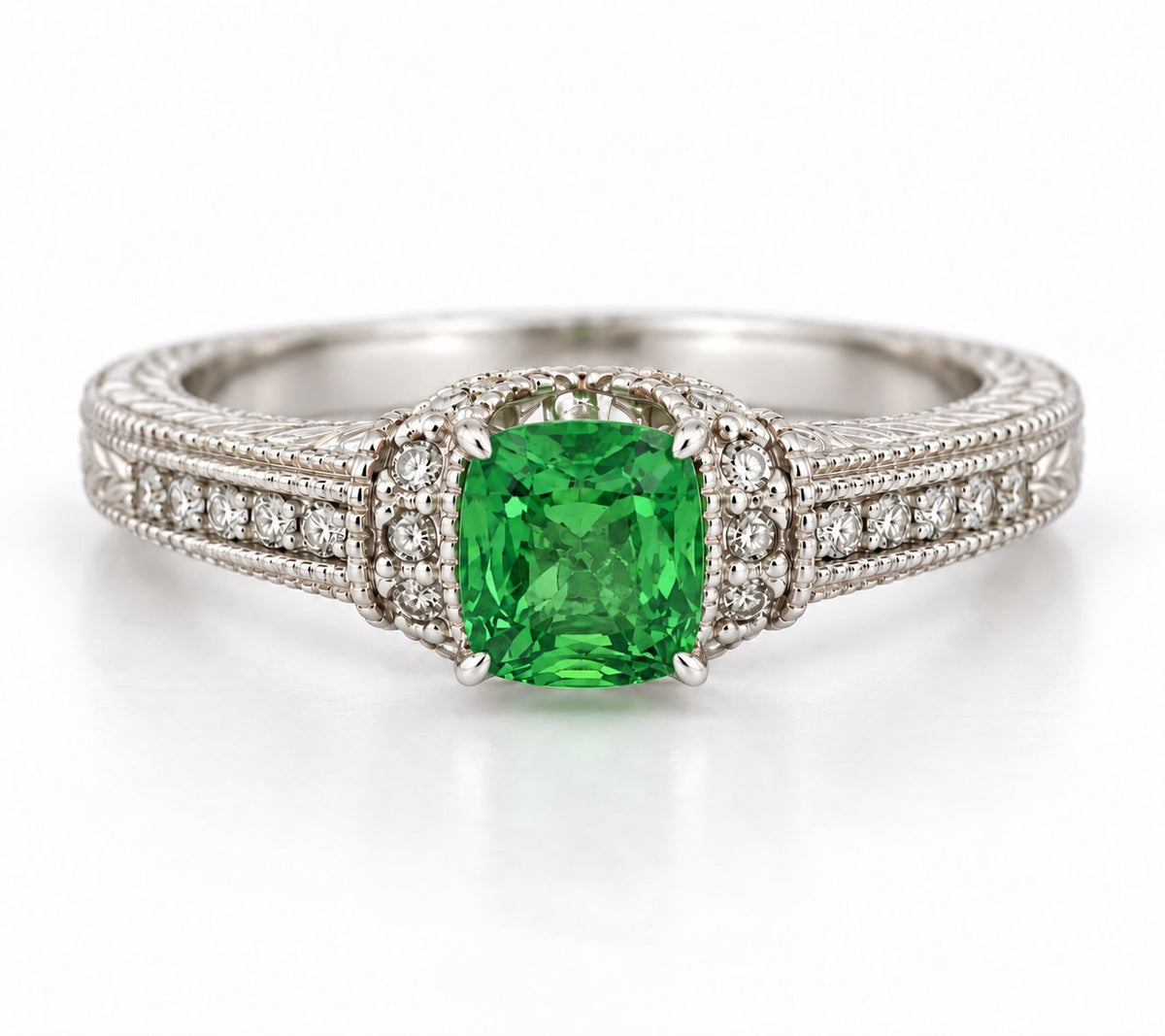 14K White Gold Cushion Tsavorite & Diamond Ring, Engraved Band 894758 — main view