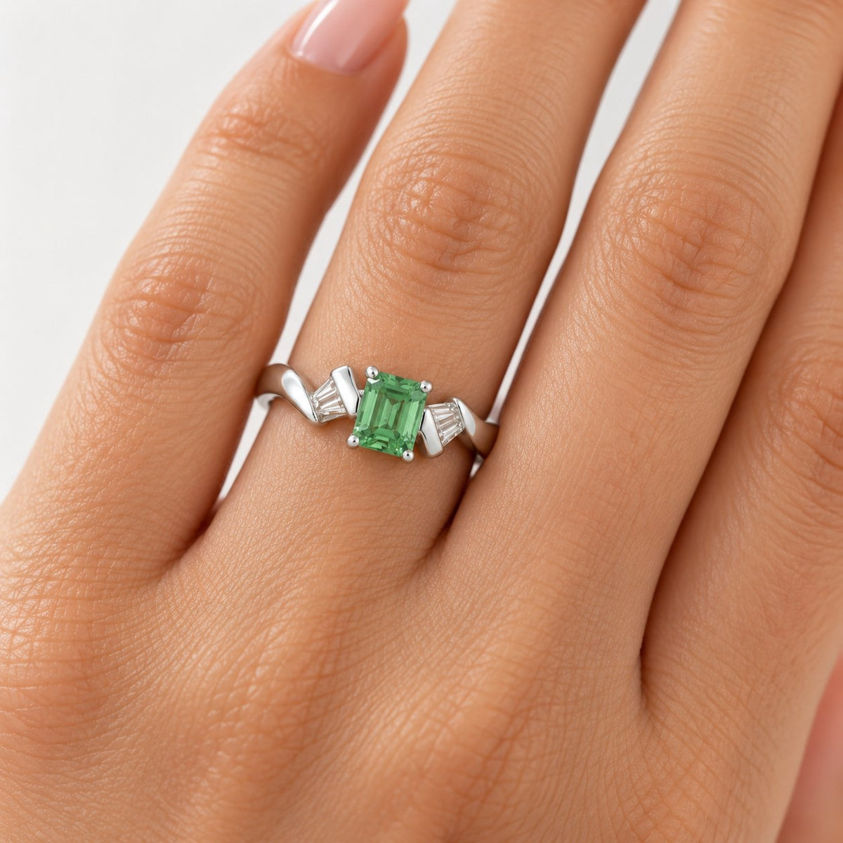 14K White Gold Emerald-Cut Tsavorite & Diamond Ring 894759 — fourth view