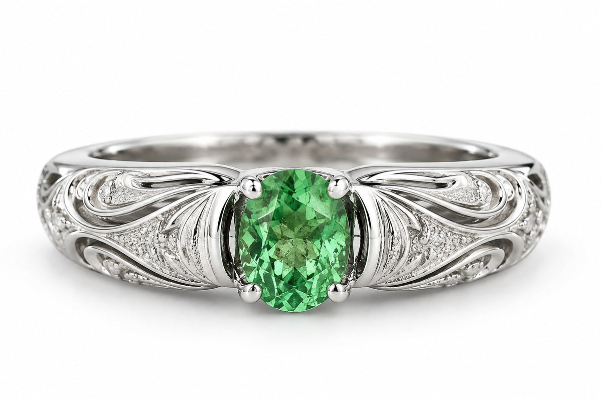 14K White Gold Oval Tsavorite & Diamond Filigree Ring 894760 — main view