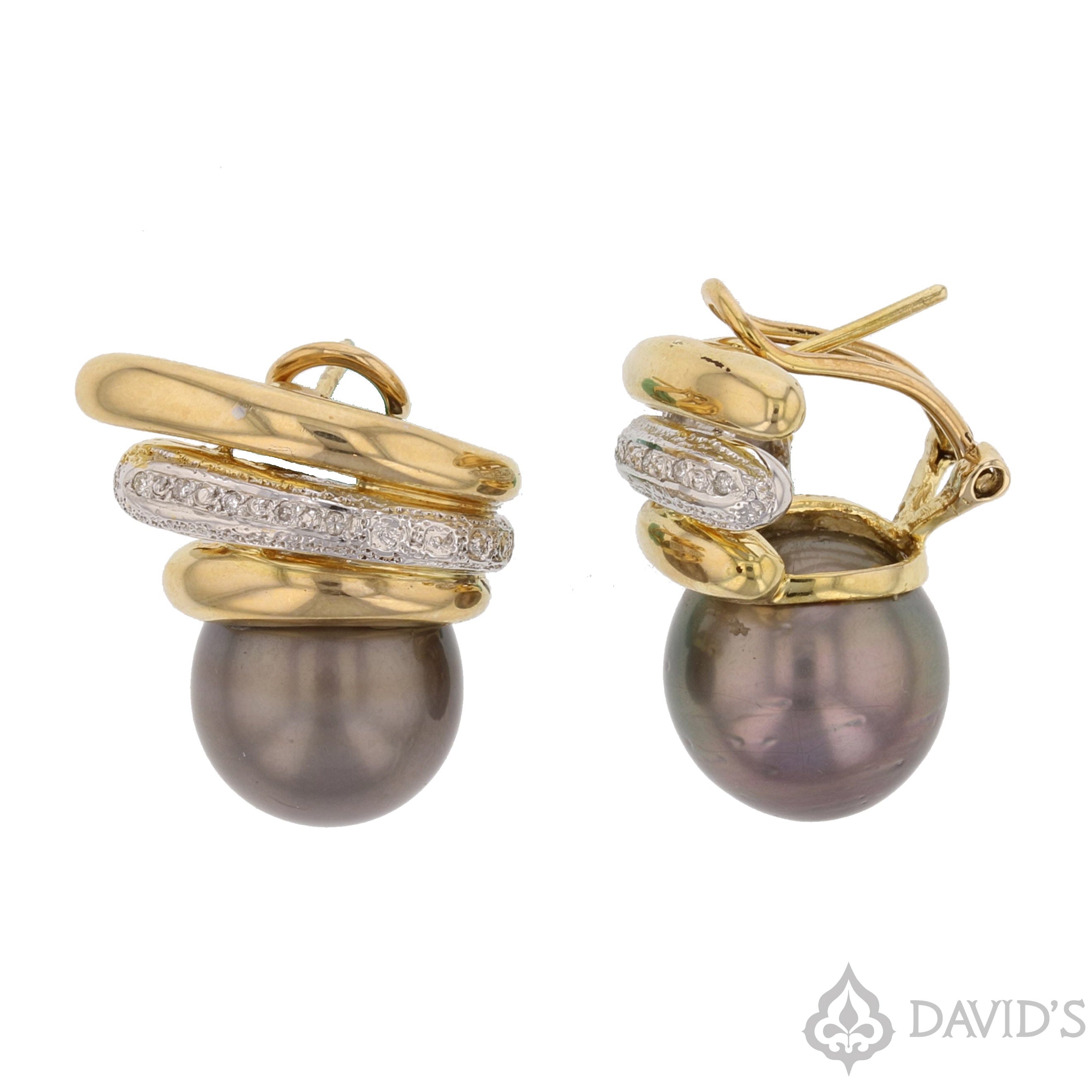 14K Yellow Gold Diamond and Tahitian Pearl Earrings - David's Antiques & Jewelry