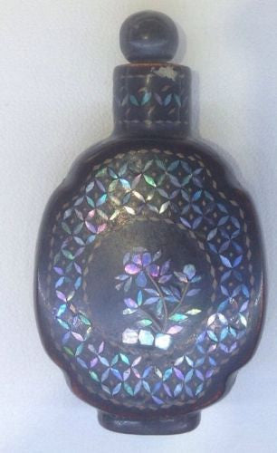 Chinese Lac Burgaute Snuff Bottle – Mother of Pearl Inlay with Horn Top - David's Antiques & Jewelry