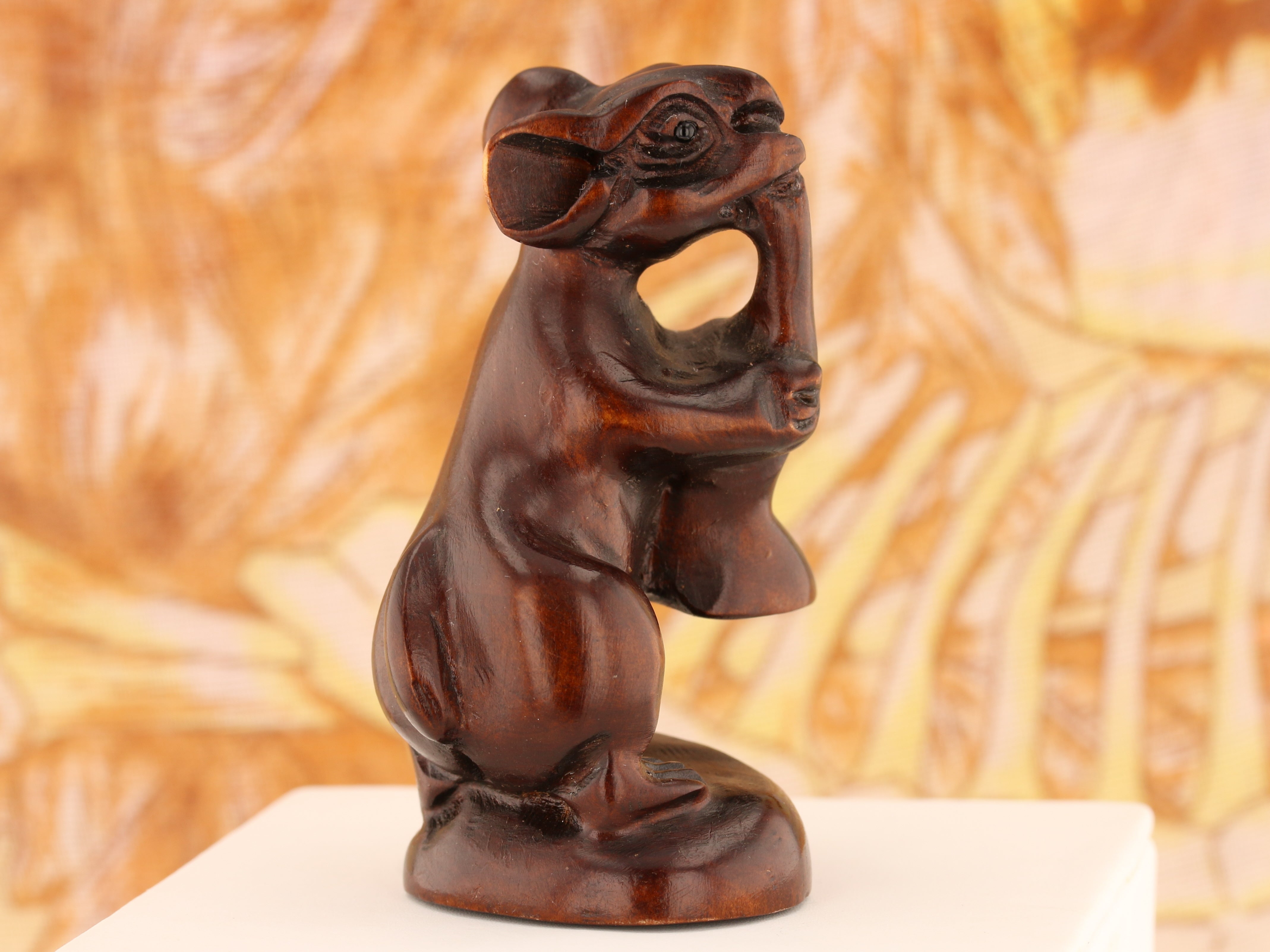New Orleans Mouse Trumpeter Iron Wood Netsuke - David's Antiques & Jewelry
