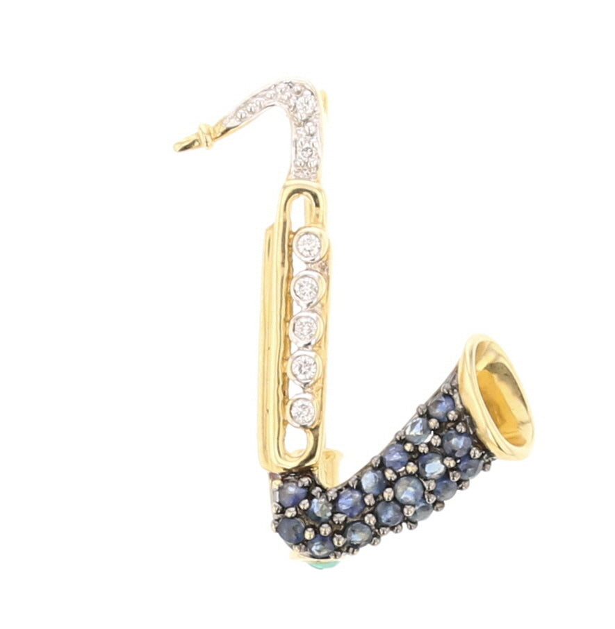 Vintage Sapphire and Diamond Saxophone Brooch in Yellow Gold - David's Antiques & Jewelry