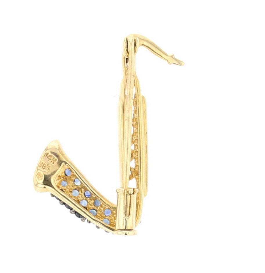 Vintage Sapphire and Diamond Saxophone Brooch in Yellow Gold - David's Antiques & Jewelry